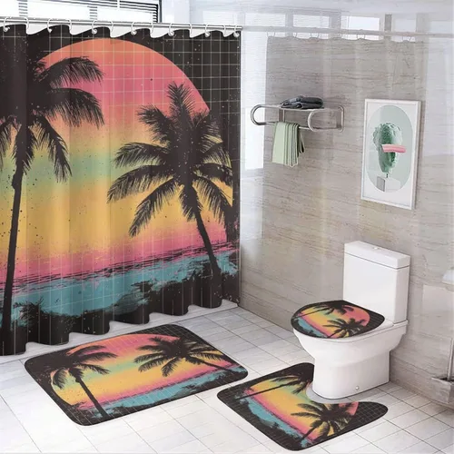 Vista 11 de 4 Pcs Abstract 80S Art Palm Leaves Shower Curtains,Modern Neon Grid Illustration Synthwave Anime Bathroom Set Shower Mat Shower Curtains Rug 12 Hooks