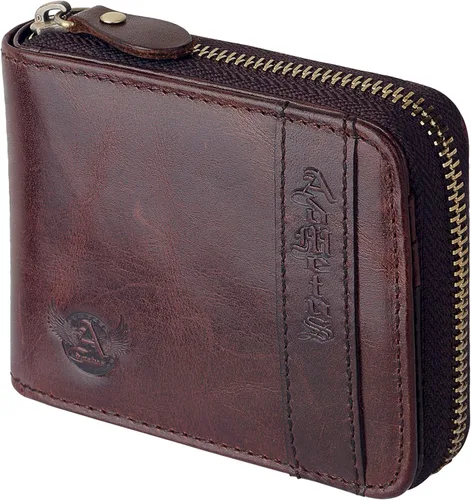 Admetus - Billetera doble de cuero genuino, pequeña, con cremallera, para hombre