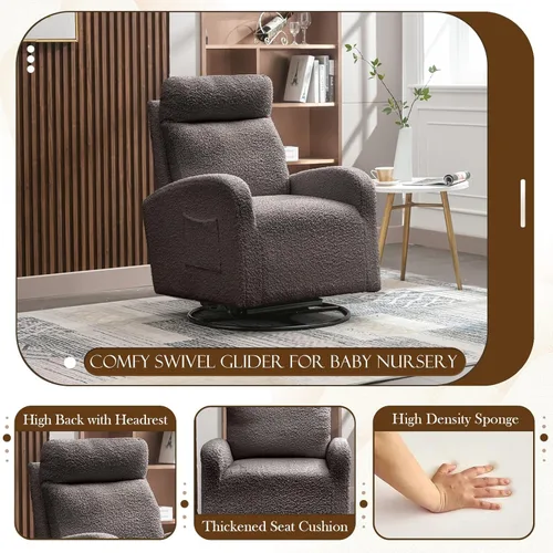 Vista 3 de KINFFICT Silla giratoria moderna, mecedora tapizada para el cuarto del bebé, cómoda silla mecedora con respaldo alto con bolsillo lateral y Gris