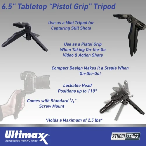 Vista 2 de Ultimaxx Mini trípode de mesa ligero y portátil de 6.5 pulgadas, agarre de pistola para cámaras DSLR y sin espejo, funciona como trípode