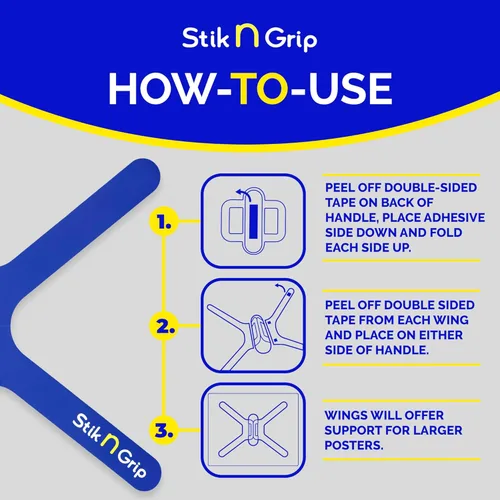 Vista 3 de Mango de Stik N Grip para Cartulina de Póster, Tamaño Completo, Pack de 3 - Soporte para Señal con Una Mano, Simple y Fácil, Mango Adhesivo, Tablas