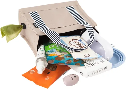 Vista 3 de Bolsa cruzada para pasear perros y bolsa de golosinas para perros con dispensador de bolsas para excrementos integrado (beige)