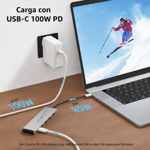Vista 5 de WALNEW Hub USB-C 7 en 1 con HDMI 4K, 100 W PD, puerto de datos de 5 Gbps (1 tipo C y 2 USB 3.0), lector SD/TF, adaptador multipuerto Thunderbolt 4