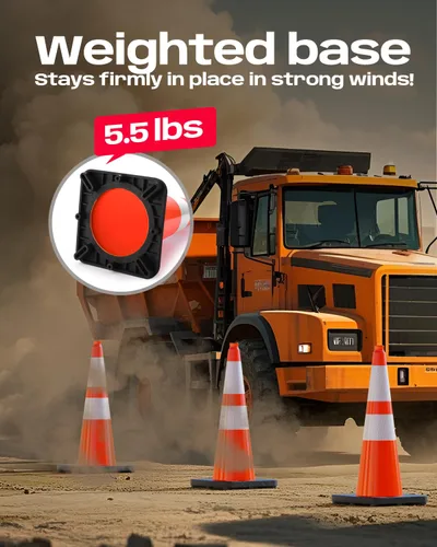 Vista 3 de BATTIFE Conos de tráfico de 28 pulgadas con base ponderada negra, conos de seguridad de PVC naranja para control de tráfico, eventos