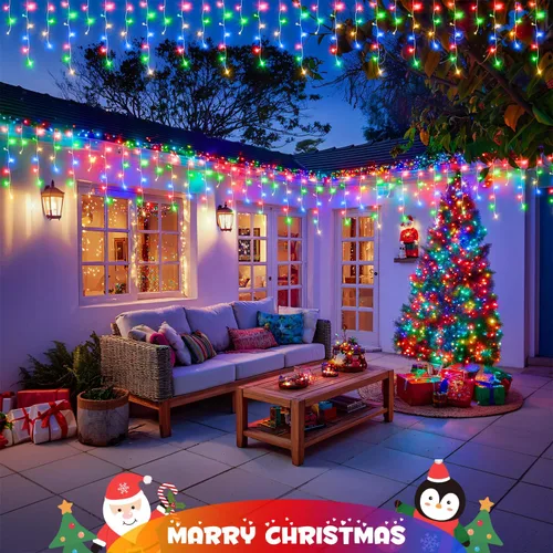 Vista 5 de JMEXSUSS 400 luces LED de Navidad de carámbano de 38.8 pies con control remoto, tira de luces multicolor para exteriores enchufables, 8 modos