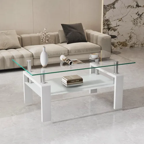 Vista 12 de Meihua Mesa de Centro de Vidrio Rectangular de 2 Niveles Mesa de Té Mesa de Centro Moderna para Sala de Estar