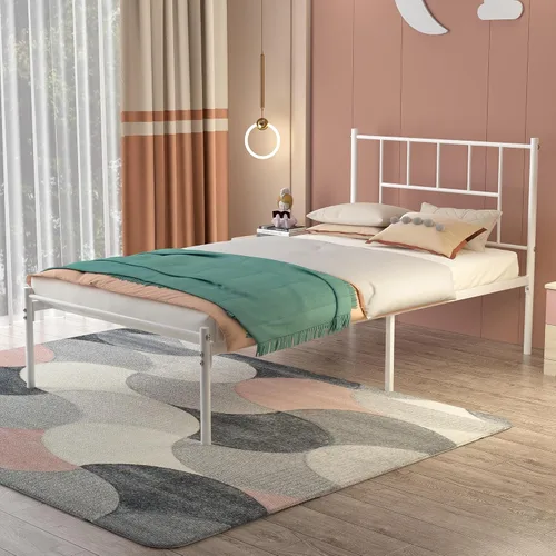 Vista 3 de VECELO Marco de cama de plataforma de metal doble con cabecero, soporte de listones de acero resistente, almacenamiento debajo de la cama,