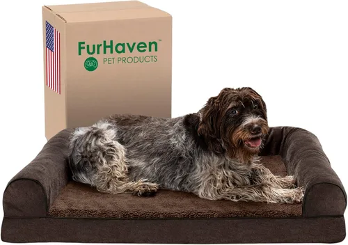 Vista 22 de Furhaven Cama para perro, de espuma viscoelástica, estilo sofá, Sherpa y chenilla, café, M