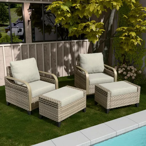 Vista 6 de COOS BAY Sillas modernas de mimbre para patio con juego otomano, sillas de comedor de ratán con reposabrazos curvos, asientos al aire libre de ratán