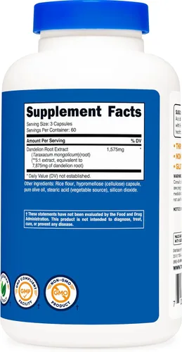 Vista 4 de Nutricost Raíz de diente de león 525 mg, 180 cápsulas (2 botellas) – 1575 mg porción, sin OMG, sin gluten