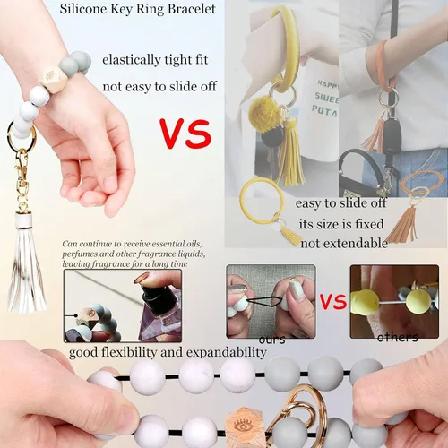 Vista 4 de BIHRTC - Pulserallavero para enganchar las llaves del auto, brazalete con cuentas de silicona para mujer