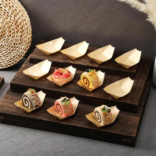 Vista 3 de Newtay 500 platos de bambú para aperitivo de 5.5 pulgadas, desechables, de madera, charcutería, hoja de barco, bandeja pequeña para servir sushi