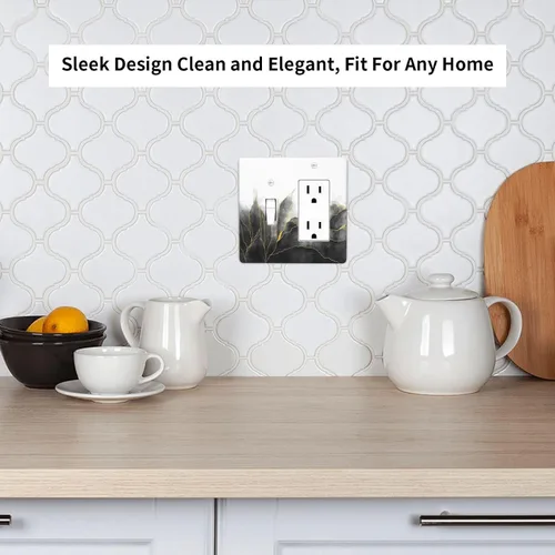 Vista 7 de Cubiertas de tomacorrientes, mármol negro y dorado, hojas blancas doradas, 1 palanca, 1 combinación basculante, placa decorativa de pared, placa