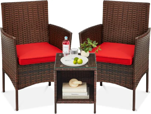 Vista 25 de Best Choice Products - Juego de 3 piezas de muebles de mimbre para conversación de patio, ahorrador de espacio, para jardín, con mesa auxiliar