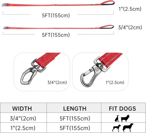 Vista 3 de EXCELLENT ELITE SPANKER Correa doble reflectante - Correa doble para perro de 5 pies con mango acolchado para dos perros que caminan y entrenan Negro