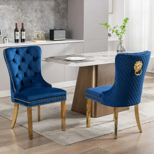 Vista 9 de KCC Juego de 2 sillas de comedor tapizadas de terciopelo, modernas sillas capitoné con botones con anillo de cabeza de león y patas de acero