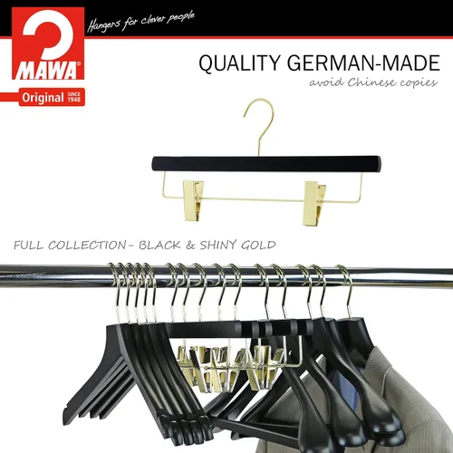 Vista 5 de MAWA by Reston Lloyd, Percha de madera europea, percha de madera de haya con clips ajustables para pantalones, gancho dorado giratorio, acabado