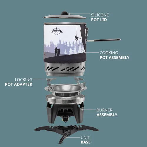 Vista 2 de HikeCrew - Estufa portátil a gas y sistema de cocina, placa de cocina compacta para acampar con olla de 1 litro, tapa de silicona, mango plegable