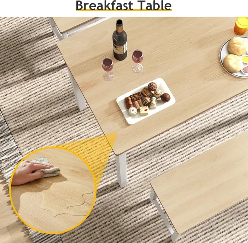 Vista 4 de Rovibek Juego de mesa y sillas de comedor de 43" para 4, mesa de cocina moderna que ahorra espacio con 2 bancos y pies ajustables, mesa de desayuno