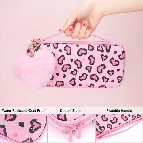 Vista 2 de DLseego Pink Love Leopard Carrying Case for Switch, Cute Silicone Protective Case Soft Cover with 4PCS Thumb Grip Caps and Pink Plush Heart Pendant