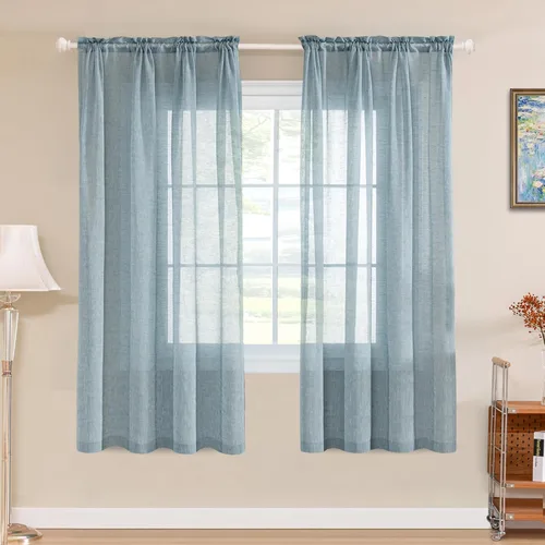 Vista 47 de Turquoize - Cortinas semitransparentes para sala de estar, cortinas de lino texturizado para dormitorio, con bolsillo para barra, tratamiento