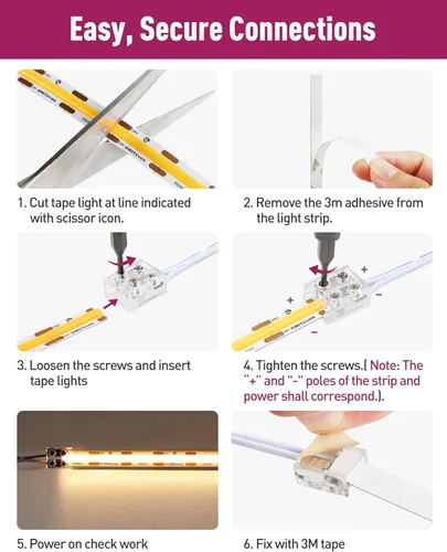 Vista 6 de EMITEVER Conectores de tira LED, 2 paquetes de conectores de luz de cinta LED, 2 pines, sin soldadura, tornillo de apriete, conector de extensión