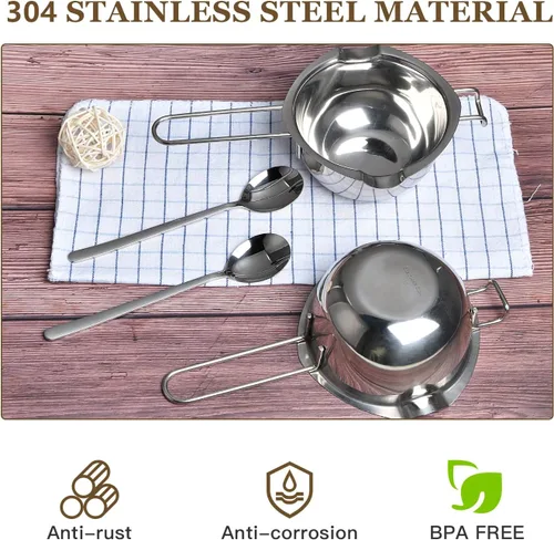 Vista 6 de Olla doble de acero inoxidable de 2 piezas con 2 cucharas de metal, olla de fusión de chocolate para derretir chocolate, mantequilla, queso, velas