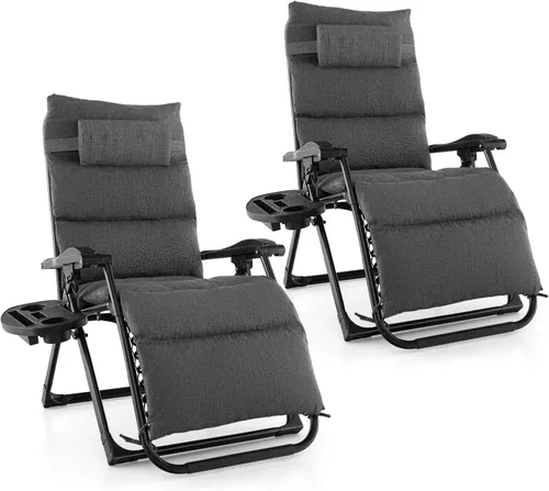 Vista 12 de Giantex Silla Zero Gravity con cojines de patio, silla reclinable plegable ajustable con almohada y soporte para tazas, sillón reclinable de césped