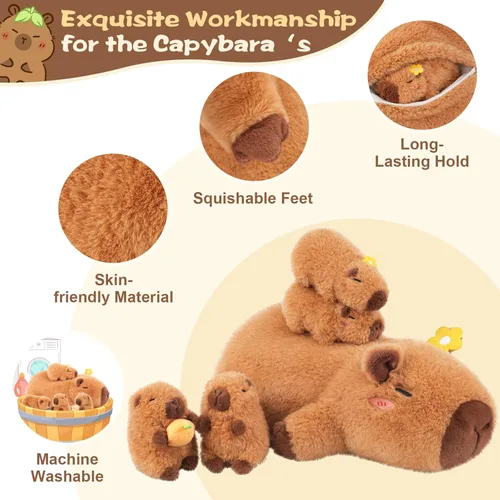 Vista 4 de SuzziPals Capybara de peluche de flores con bebés en el interior, juego de 5 piezas de felpa Capybara con mamá y 4 capibaras de bebé, felpa suave