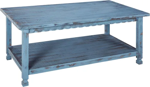 Vista 8 de Mesa de centro rectangular rústica, 42 pulgadas de ancho x 24 pulgadas de profundidad x 18 pulgadas de alto, sala de estar azul antiguo, con (1) 36