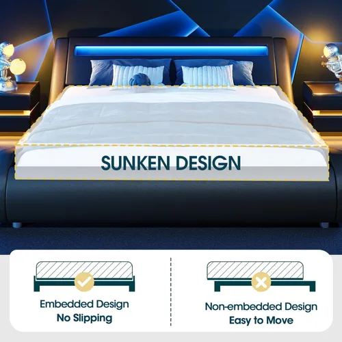 Vista 26 de WEEWAY Base de cama moderna tamaño Queen con cabecera de luces LED RGBW, diseño de trineo tapizado de perfil bajo, soporte de listones de madera