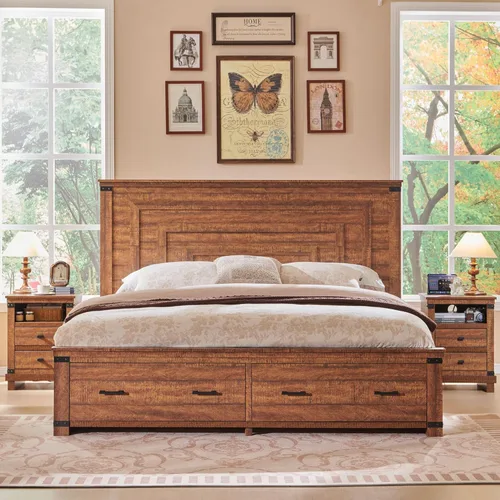 Vista 9 de RedLemon - Base de cama estilo granja tamaño Queen de madera con cabecera geométrica de 137 cm de altura, 2 cajones de almacenamiento grandes