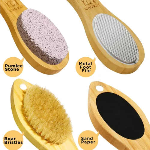 Vista 4 de ICDI ICANdOIT Lima de pie de bambú natural removedor de callos multiusos 4 en 1 pies Kit de pedicura con cepillo de cerdas de jabalí para el cuidado