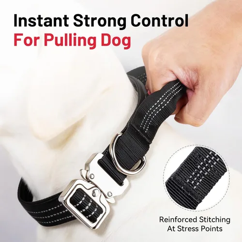 Vista 3 de Collar táctico para perro con asa, collar de nailon resistente con hebilla metálica de liberación rápida, diseño reflectante, acolchado y cómodo