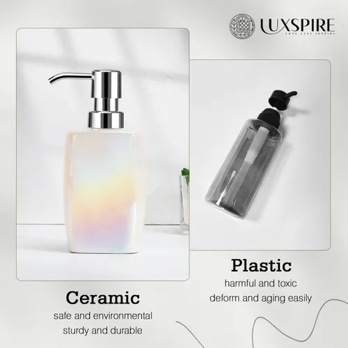 Vista 8 de Luxspire Dispensador de jabón de manos, botella dispensadora de loción de 12 onzas, botellas de cerámica recargables con 2 bombas, botella líquida