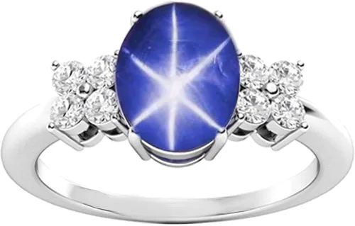 Vista 2 de Anillo ovalado de zafiro estrella, anillo de estrella Lindy azul, 6Rays, creado en laboratorio, anillo de aniversario de estrella azul, anillo