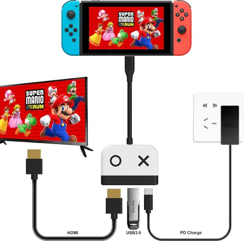 Vista 4 de Base de interruptor para Nintendo Switch OLED, base de TV portátil con puerto HDMI USB 3.0 y carga USB C, base de viaje para Nintendo Switch Steam