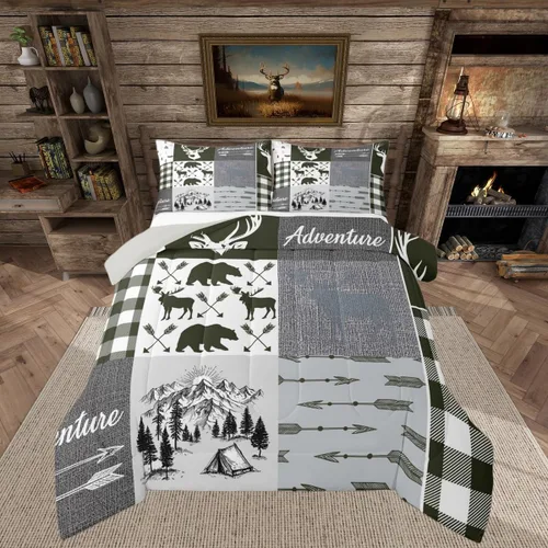 Vista 18 de Juego de edredón de cabaña rústica navideña, juego de ropa de cama estilo rústico con diseño de osos y ciervos, tamaño completo, patchwork Multi 08