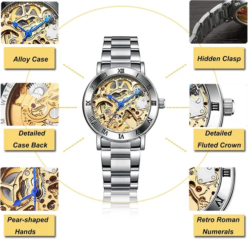 Vista 6 de Gute IK - Reloj automático para mujer, Steampunk con cuerda automática, pulsera de plata mecánica, reloj de pulsera para mujer