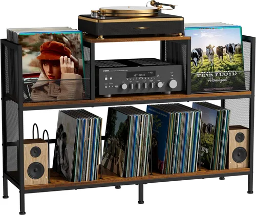 Mesa grande para tocadiscos vintage con 4 divisores ajustables, armario de almacenamiento de discos de vinilo para hasta 350 álbumes, soporte