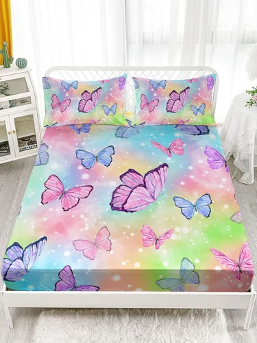 Vista 9 de Juego de sábanas de 4 piezas ajustadas y planas para niñas, estampado de mariposas y flores rosas con 1 + 2 fundas de almohada para cama individual