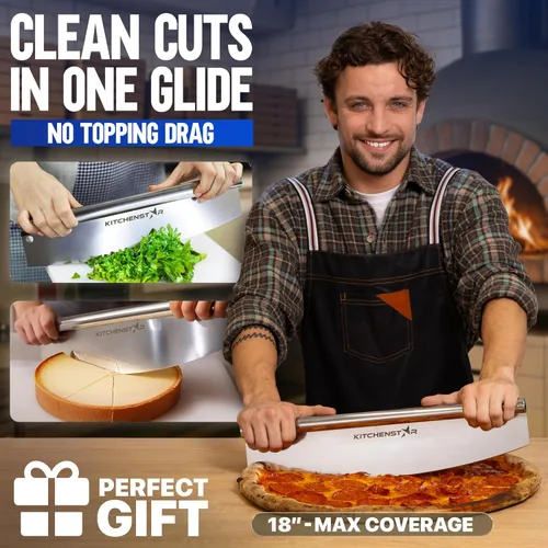 Vista 2 de KitchenStar Cortador de pizza de 18 pulgadas con cuchilla balancín - Cuchillo de acero inoxidable afilado para rebanar, cubierta protectora, apto