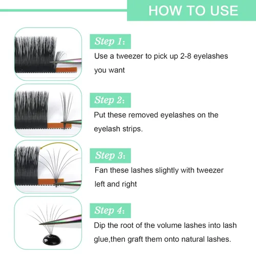 Vista 5 de Pestañas de volumen Easy Fan D-0.07 - 11 mm, pestañas florecientes de 9 a 20 mm, extensiones de pestañas de mega volumen, rizadas C y D, extensiones