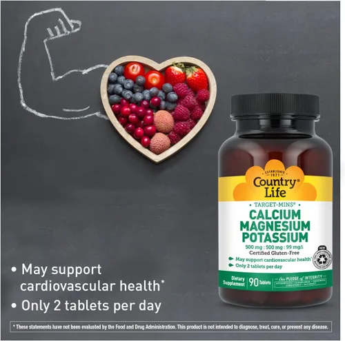 Vista 5 de Country Life Target Mins - Calcio Magnesio Potasio, 500mg/500mg/99mg por 2 Tabletas - 90 Tabletas