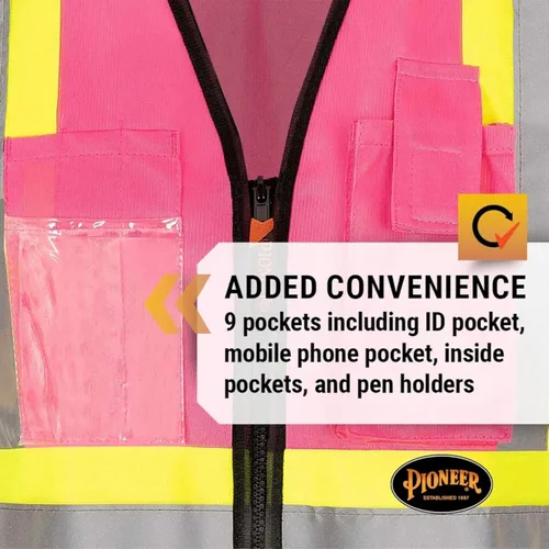 Vista 6 de Pioneer Chaleco de seguridad para mujer con bolsillos - Cinta reflectante de alta visibilidad - Para la construcción - Rosa
