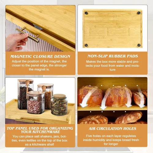 Vista 3 de Joyvilla Caja de pan de bambú de doble capa para encimera de cocina, contenedor de almacenamiento de pan, caja de pan con ventana, gran capacidad