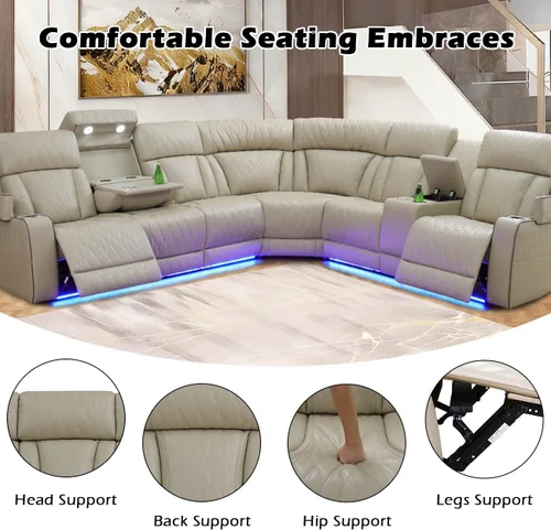 Vista 4 de Juego de sofá modular reclinable eléctrico para sala de estar, juego de sofá reclinable de cuero con luces LED / almacenamiento oculto, sofá en Beige