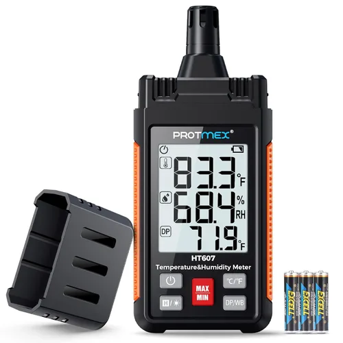 Protmex HT607 Medidor de temperatura y humedad higrómetro digital de alta precisión con ambiente, humedad relativa, punto de rocío, termómetro de