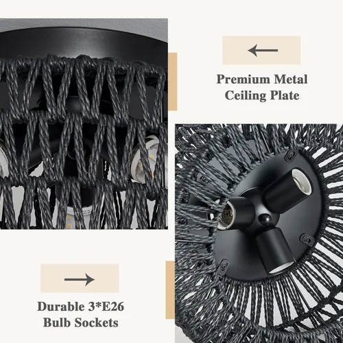 Vista 4 de Lámparas de Techo de Ratán para Montaje, Lámpara de Techo Empotrada Boho de 3 Luces, Iluminación de Lámpara con Pantalla de Jaula Tejida a Mano