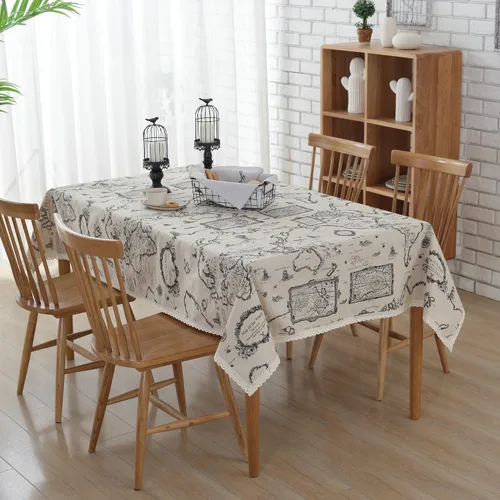 Mantel rectangular de algodón y lino natural y simple, lavable, mantel de encaje con patrón impreso para mesa de cocina y comedor (mapa simple, 54 x